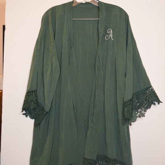 Home wear Wrap Rob Dark Green Lace Bottoms and Sleeves Embroidered A Cardigan M - Picture 3 of 8
